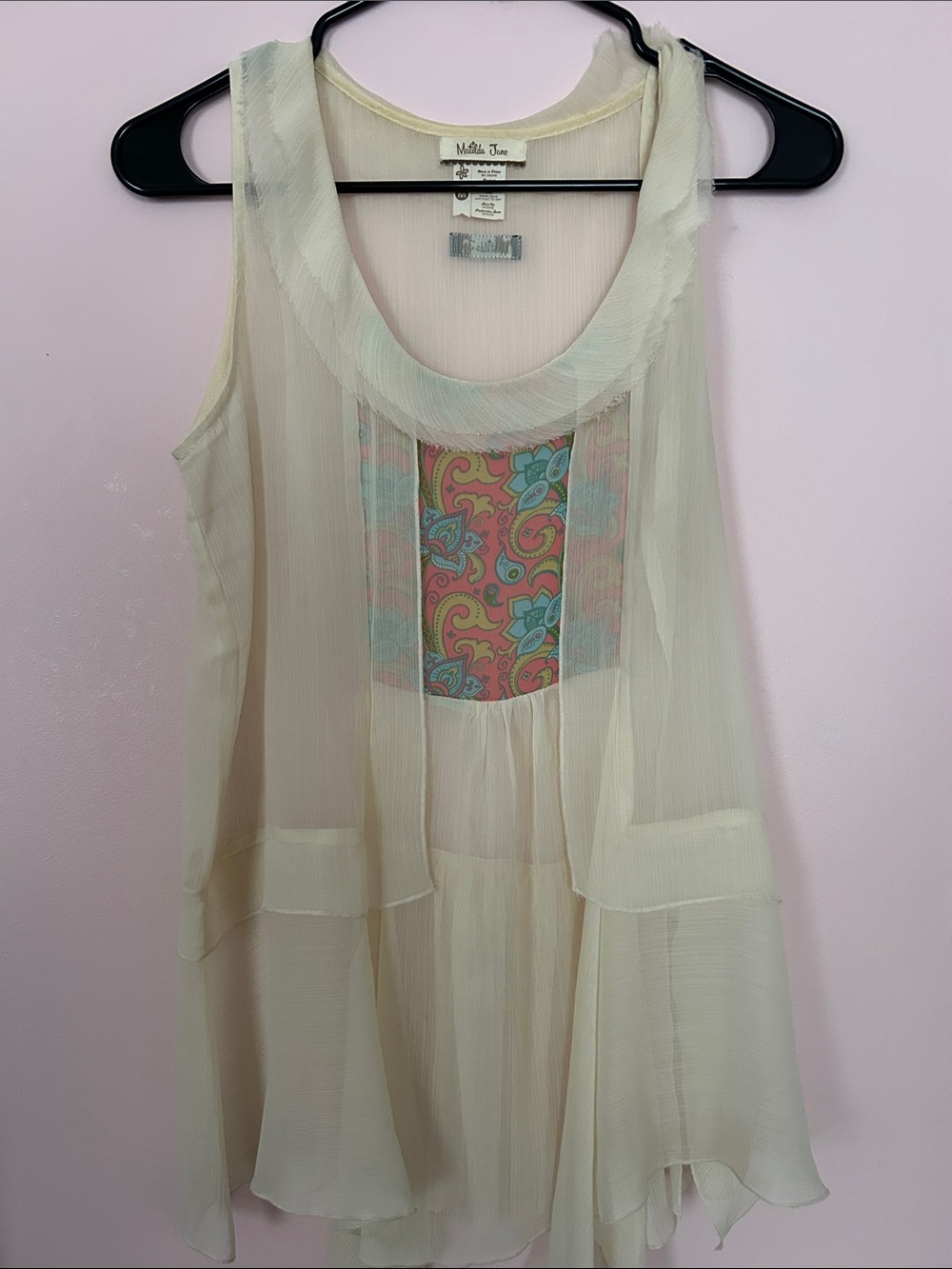 Matilda Jane Cream Sheer Layered Tank with Pink & Blue Paisley Panel